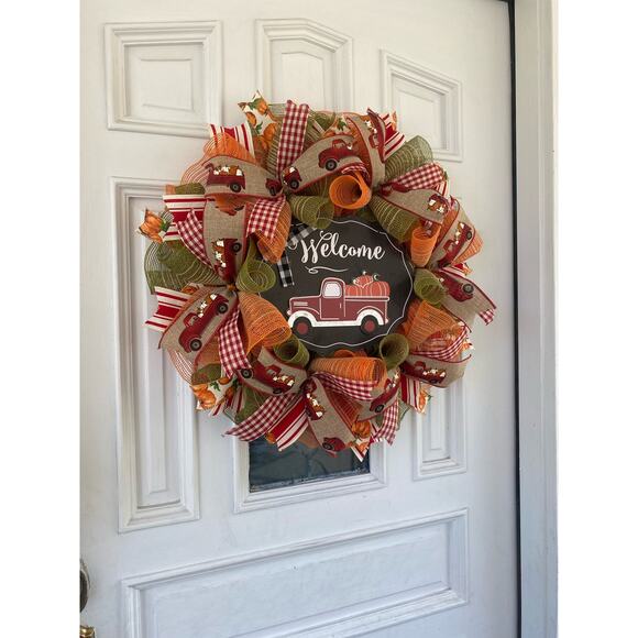 Welcome Red Truck Pumpkin Farmhouse Deco Mesh and Ribbon Fall Autumn Wreath - Picture 5 of 7